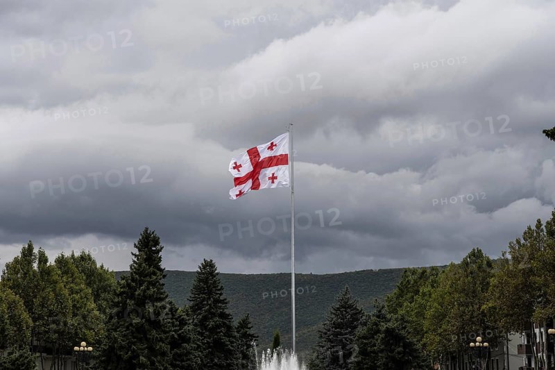 The Georgian flag flying in Stalin Park near the Stain Museum on Stalin Avenue, Gori, Georgia