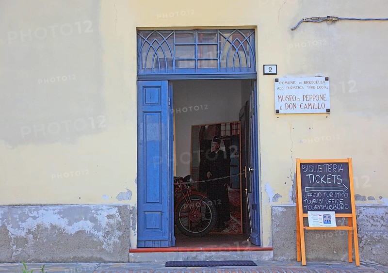 Italy, village of Brescello, entrance to the Museum of Don Camillo and Peppone, Emilia-Romagna
