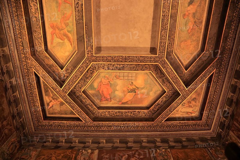 Wooden ceiling in the palazzo, palace with the Torre Civica in the municipality of Gualtieri, Emilia-Romagna, Italy