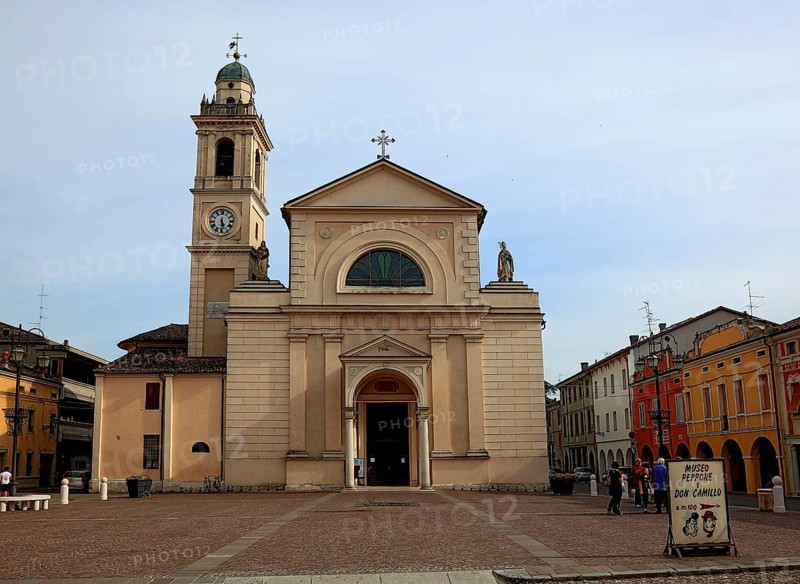 Brescello, note about the Don Camillo and Peppone museum in front of the church of Santa Maria Nascente e San Genesio, a filming location for the films, Emilia-Romagna, Italy