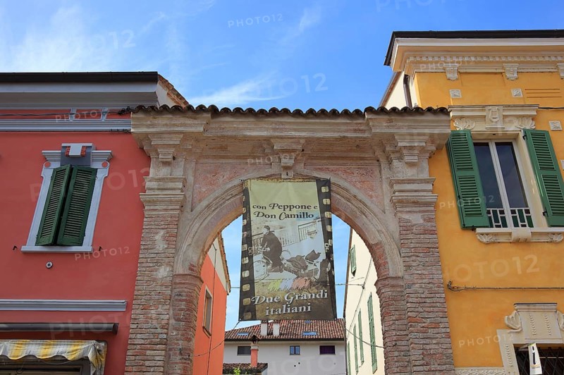 Italy, village of Brescello, advertisement for Museum of Don Camillo and Peppone, Emilia-Romagna