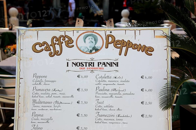 Menu at Cafe Peppone in the town of Brecello, Emi