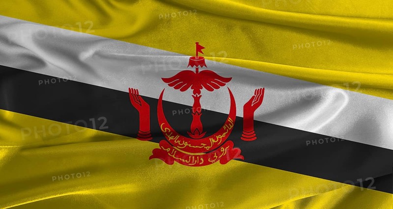 Flag of Brunei with fabric textured background. Close up of National flag of Brunei with realistic texture