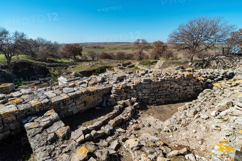 The archaeological ruins of the ancient city of Troy, overlooking the Trojan plain and port city of Canakkale in Western Turkey
