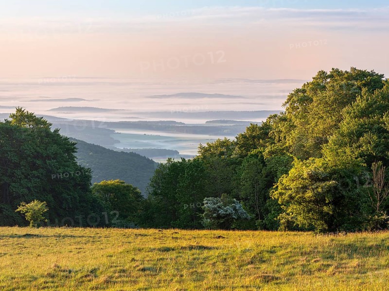 View of endless ranges of hills with morning fog at sunrise, Rhön Biosphere Reserve, Bischofsheim in der Rhön, Lower Franconia, Bavarian Rhön, Bavaria, Germany