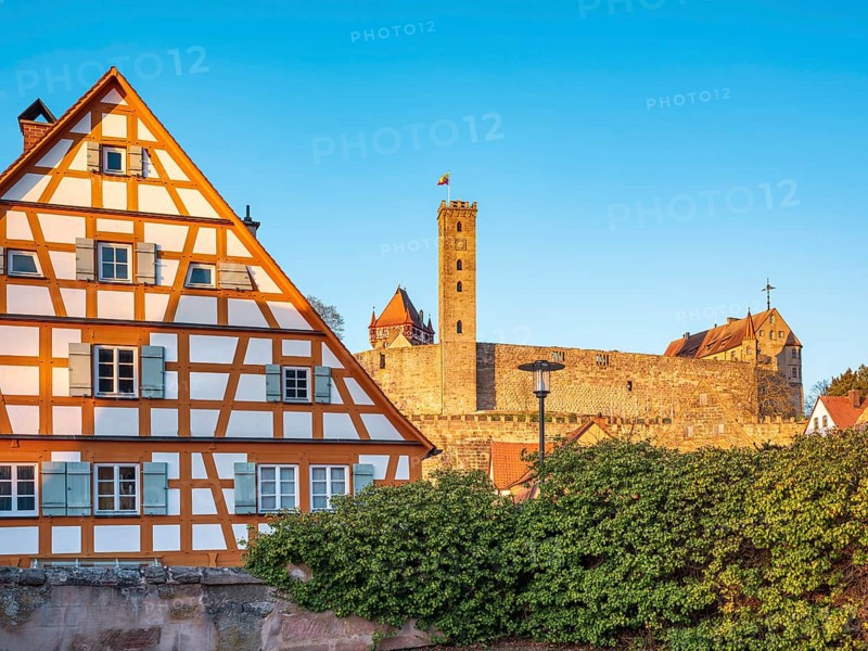 Franconian half-timbered house at Abenberg Castle in the evening light, Abenberg, Middle Franconia, Bavaria, Germany