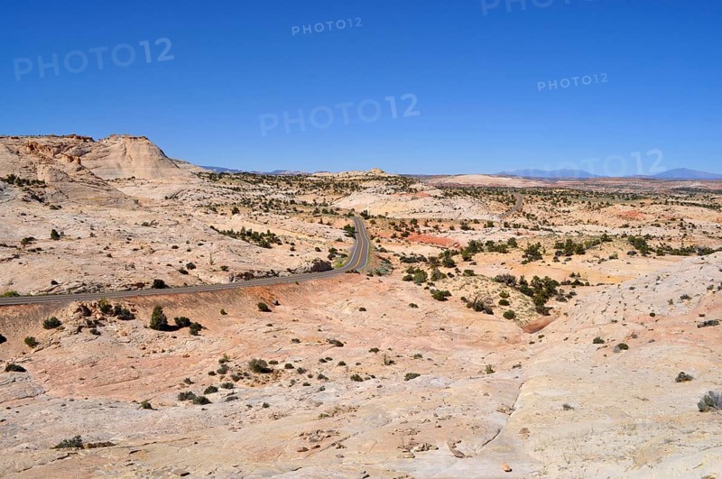 Paved road winds through dry landscape with reddish hills and sparse vegetation, Grand Staircase Escalante National Monument, Utah, USA