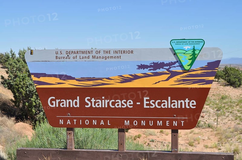 Grand Staircase-Escalante National Monument sign in desert landscape, Grand Staircase Escalante National Monument, Utah, USA