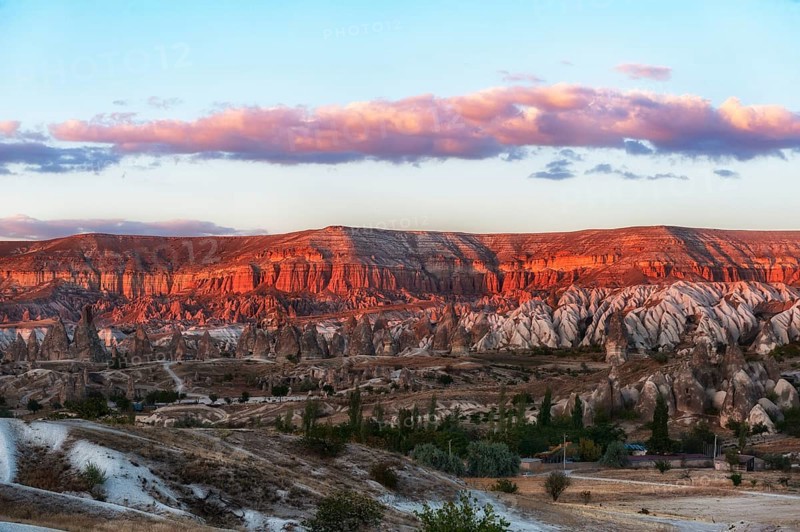 Beautiful sunset panorama of the Red Rose Valley in Cappadocia, a perfect location for hiking or horse riding and the one the most Instagramable spots near Goreme in Central Anatolia, Turkey