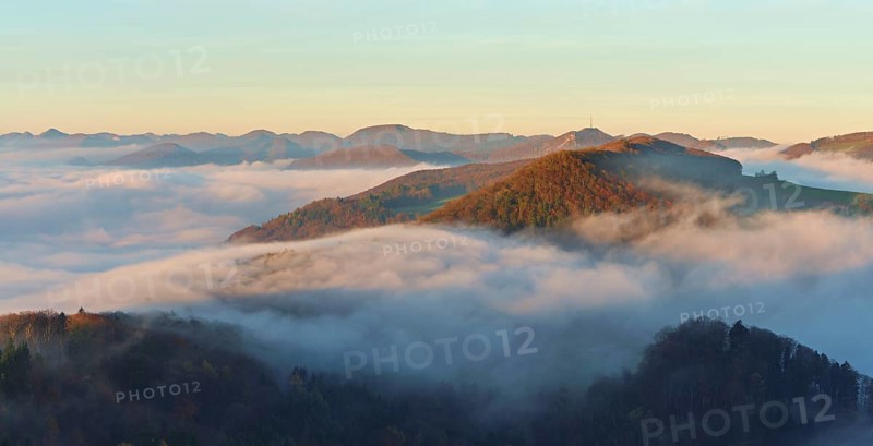 View from the Gisliflue of the Jura foothills Wasserfluh covered in fog, in morning light, Talheim, Canton, Aargau, Switzerland