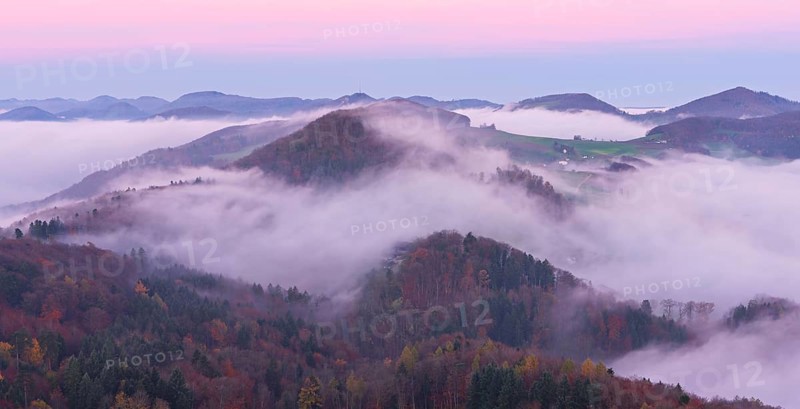 View from the Gisliflue of the Jura foothills covered in fog from the left, Wasserfluh, Summerholde, Asperstrihen, Strihen, in the morning light, Talheim, Canton, Aargau, Switzerland