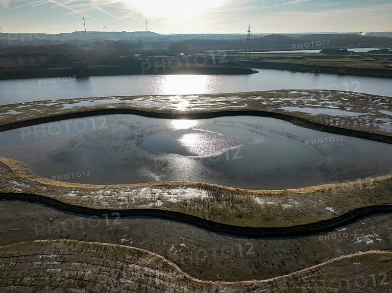 Haltern-Marl, North Rhine-Westphalia, Germany - Lippe, flood protection in the Haltern-Lippramsdorf-Marl area (HaLiMa) . Flood protection on the River Lippe by relocating the dyke and thus extending the floodplain. In front the completed floodplain north, the north dyke. Work is still underway on the south dyke