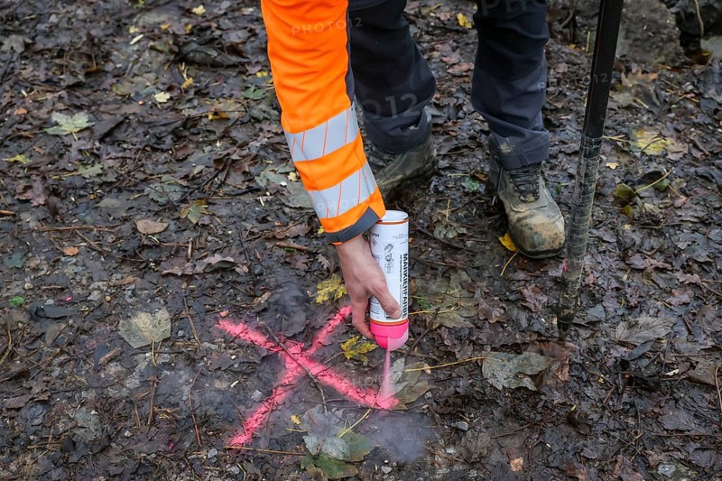 Castrop-Rauxel, North Rhine-Westphalia, Germany - Theme photo - Explosive soundings - Deep soundings are used to check dud suspicion points. 11-meter deep boreholes are secured with plastic pipes and borehole measurements of ferromagnetic suspicions are carried out with a probe. Here, the drill holes are marked with marker paint