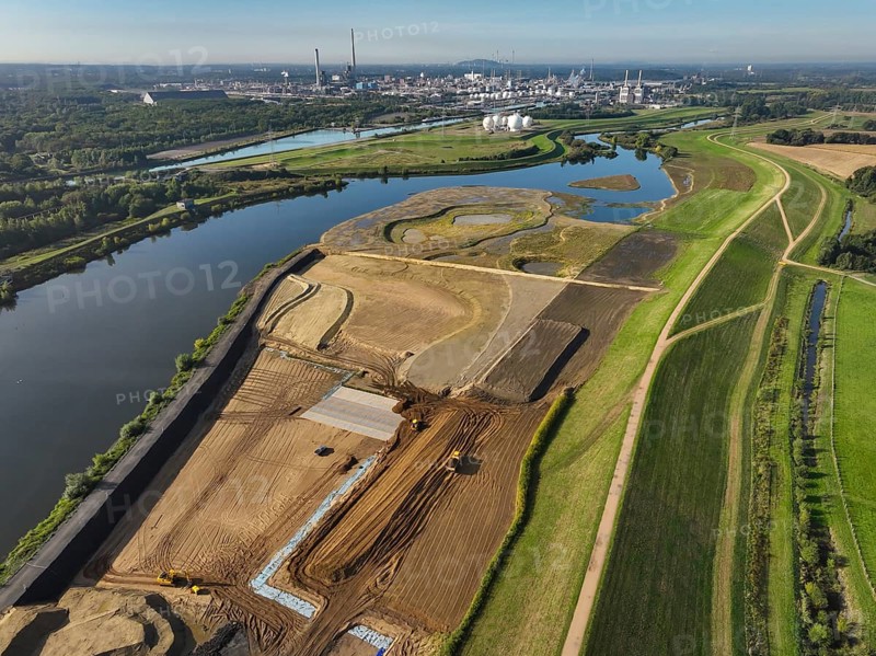 Haltern-Marl, North Rhine-Westphalia, Germany - Lippe, flood protection in the Haltern-Lippramsdorf-Marl area (HaLiMa) . Flood protection on the River Lippe by relocating the dyke and thus extending the floodplain. Marl Chemical Park at the back