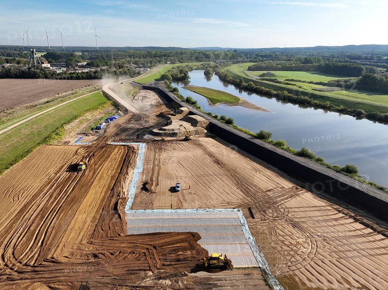 Haltern-Marl, North Rhine-Westphalia, Germany - Lippe, flood protection in the Haltern-Lippramsdorf-Marl area (HaLiMa) . Flood protection on the River Lippe by relocating the dyke and thus extending the floodplain. Rear left: excavation site of the former shaft 8 of the Auguste Victoria colliery
