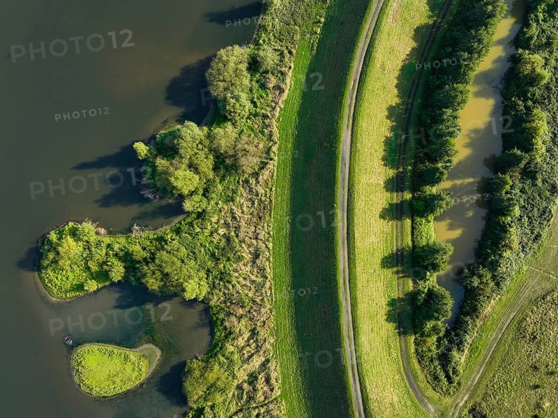 Haltern-Marl, North Rhine-Westphalia, Germany - Lippe, flood protection in the Haltern-Lippramsdorf-Marl area (HaLiMa) . Flood protection on the River Lippe by relocating the dyke and thus extending the floodplain. TopShot-Down