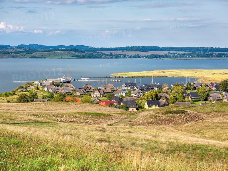 Hilly landscape in the Zicker Mountains, including Zicker Alps, view over the lagoon landscape and the village of Gager with harbour, Mönchgut nature reserve, Gross Zicker, Mönchgut peninsula, Rügen island, Mecklenburg-Western Pomerania, Germany