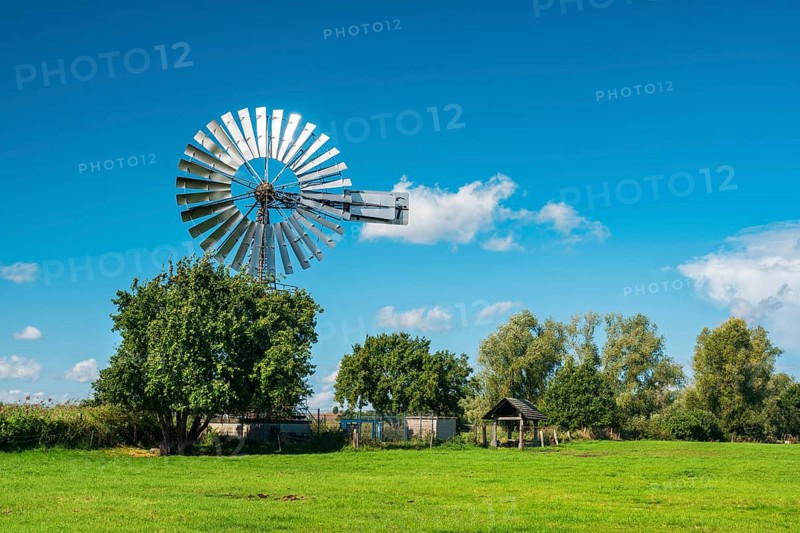 Historic Pumping Plant with Wind Turbine near Middelhagen, Mönchgut Peninsula, Rügen Island, Mecklenburg-Western Pomerania, Germany