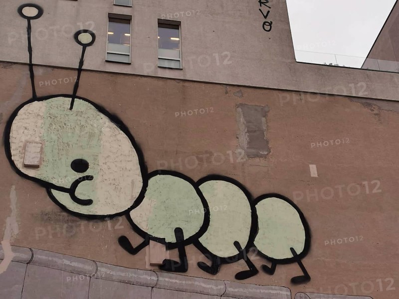 Creative wall graffiti in the form of a cartoon caterpillar on a building, Berlin