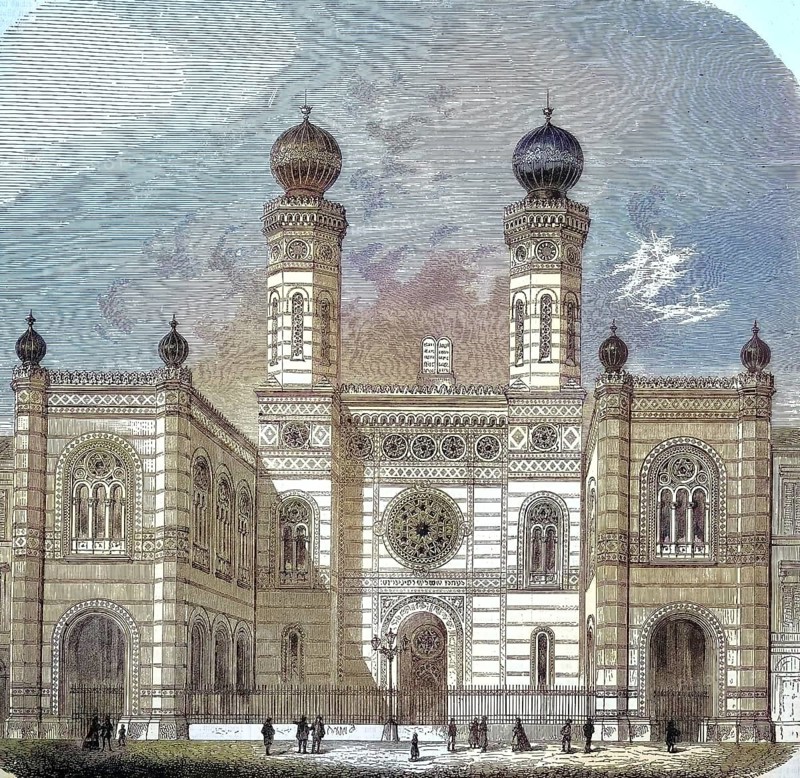 The synagogue on Dohany Street, also Great Synagogue or Tabakgasse, is a historic building in Erzsebetvaros, the 7th district of Budapest, Hungary/The Dohany Street Synagogue, i.e. The Great Synagogue or Tabakgasse Synagogue, is a historical building in Erzsebetvaros, the 7th district of Budapest, Hungary, historical, digitally restored reproduction of an original original from the 19th century, exact original date not known, colored later