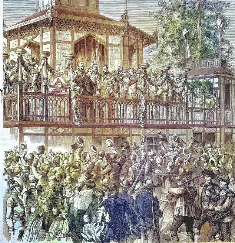 Shooting festival, a traditional festival or a mass with target shooting, here the distribution of prizes and awards in Vienna, Austria/shooting festival, marksmen's festival, a traditional festival or fair featuring a target shooting, here the distribution of awards and prizes at Vienna, Austria, historical, digitally restored reproduction of an original original from the 19th century, exact original date not known, subsequently colored