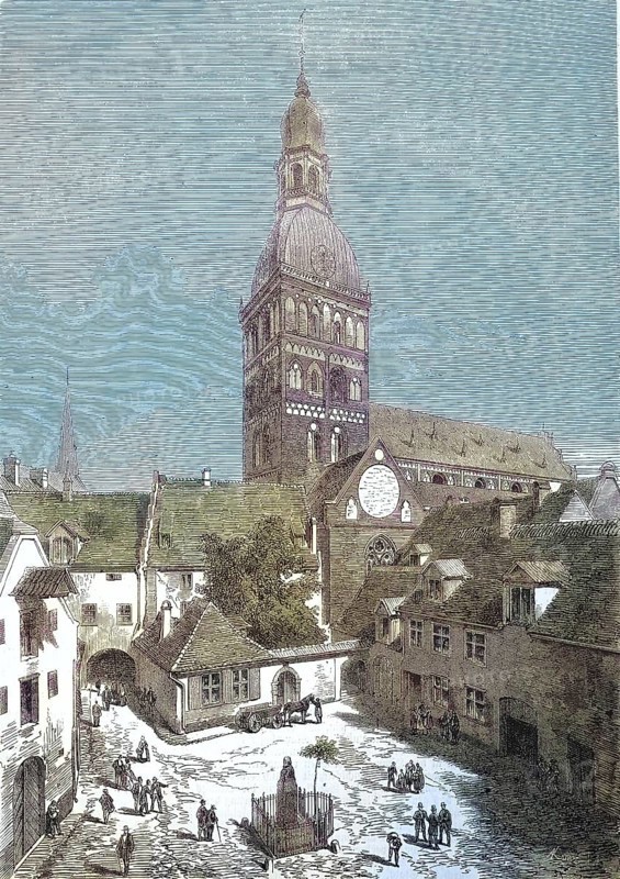 City of Riga, Latvia, Herderplatz and the Old Town Hall/City of Riga, Latvia, the Herder Square and the Old Townhall, historical, digitally restored reproduction of an original model from the 19th century, exact original date not known, colored later