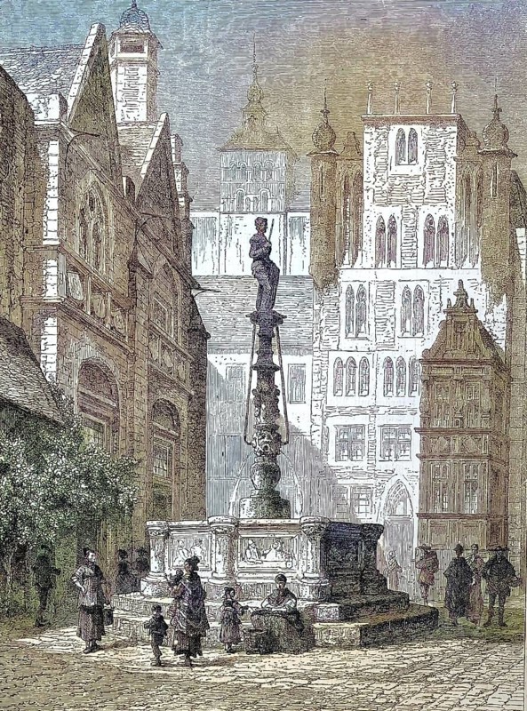 The historic market square of Hildesheim, Lower Saxony, Germany/The historic market square of Hildesheim, Lower Saxony, Germany, historically, digitally restored reproduction of an original model from the 19th century, exact original date unknown, subsequently colored