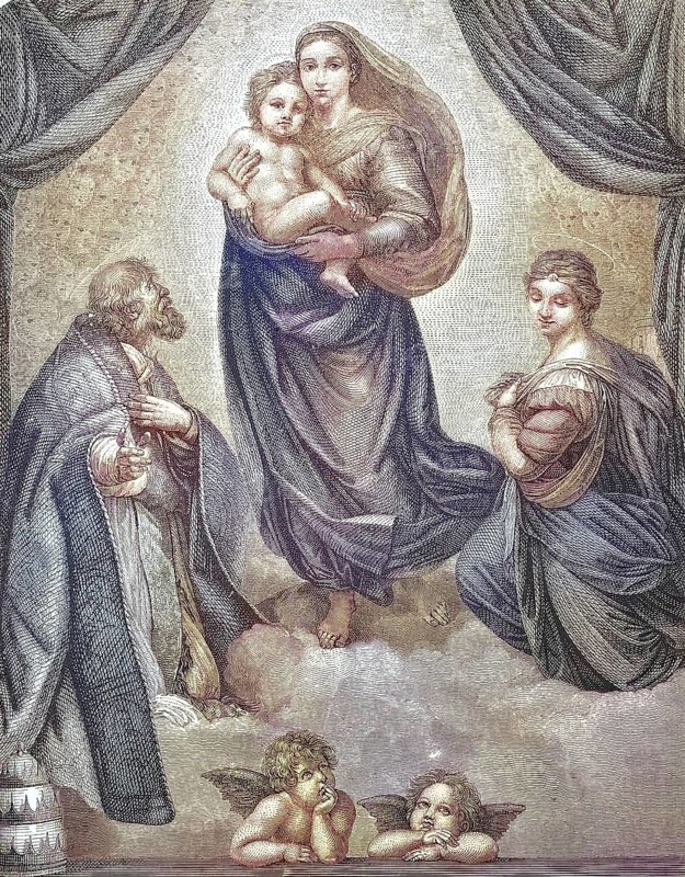 The Sistine Madonna, also known as Madonna di San Sisto, is an oil painting by Italian artist Raphael Sanzio/The Sistine Madonna, also called the Madonna di San Sisto, is an oil painting by the Italian artist Raphael Sanzio, historical, digitally restored reproduction of an original model from the 19th century, exact original date not known, subsequently colored