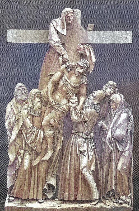 The Deposition of Christ from the Cross is the scene depicted in art from the Gospels reports in which Joseph of Arimathea and Nicodemus remove Christ from the cross after his crucifixion, here a relief from the church of Seligenstadt, Germany/The Descent from the Cross, or Deposition of Christ, is the scene, as depicted in art, from the Gospels' accounts of Joseph of Arimathea and Nicodeea Mus taking Christ down from the cross after his crucifixion, here a relief from the church of Seligenstadt, Germany, historical, digital restored reproduction of an original model from the 19th century, exact original date unknown, subsequently colored