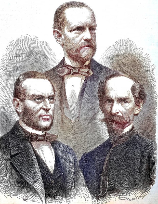 Franz Xaver Fragner, Knight Franz Ritter von Hopfen, 1825 - 1901, Carl Giskra, Karl Giska, 1820 - 1879, and Florian Ziemialkowsky, the Imperial Council of Austria/Franz Xaver Fragner, Knight Franz Ritter von Hopfen, and Florian Ziemialkowsky, the Imperial Council of Austria, historical, digitally restored reproduction of an original original from the 19th century, exact original date not known, colored later