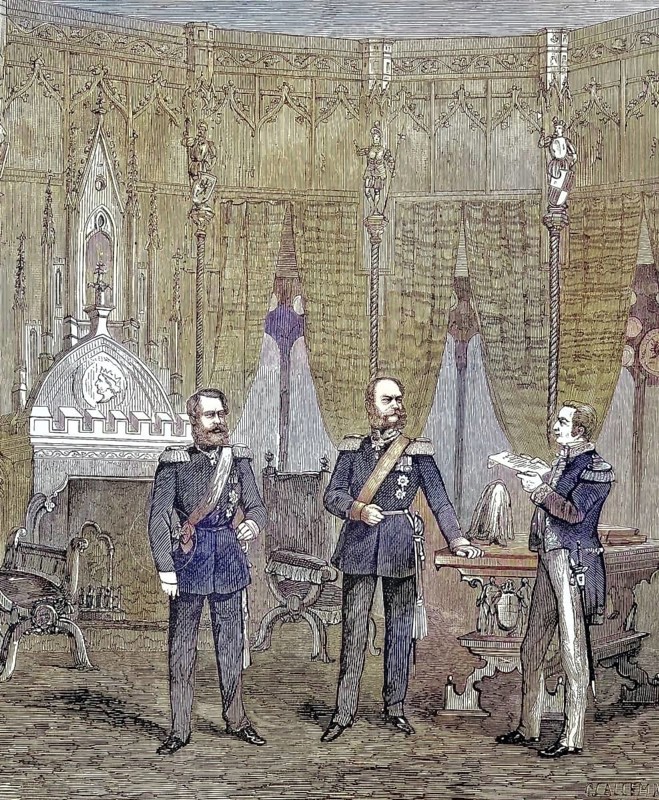 Martin Sigismund Eduard von Simson, 1810 - 1899, German lawyer and important liberal politician, hands over a letter from the North German Reichstag to the King of Prussia, Germany/Martin Sigismund Eduard von Simson, a German lawyer and distinguished liberal politician handed over a letter of the Northern German Reichstag to the King of Prussia, at the Castle of Hohenzollern, Germany, historical, digitally restored reproduction of an original model from the 19th century, exact original date unknown, Colored afterwards