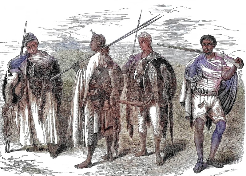 Warriors from Abyssinia, Ethiopian Empire, Ethiopia/Warriors from Abyssinia, Ethiopian Empire, Ethiopia, historical, digitally restored reproduction of an original model from the 19th century, exact original date unknown, subsequently colored