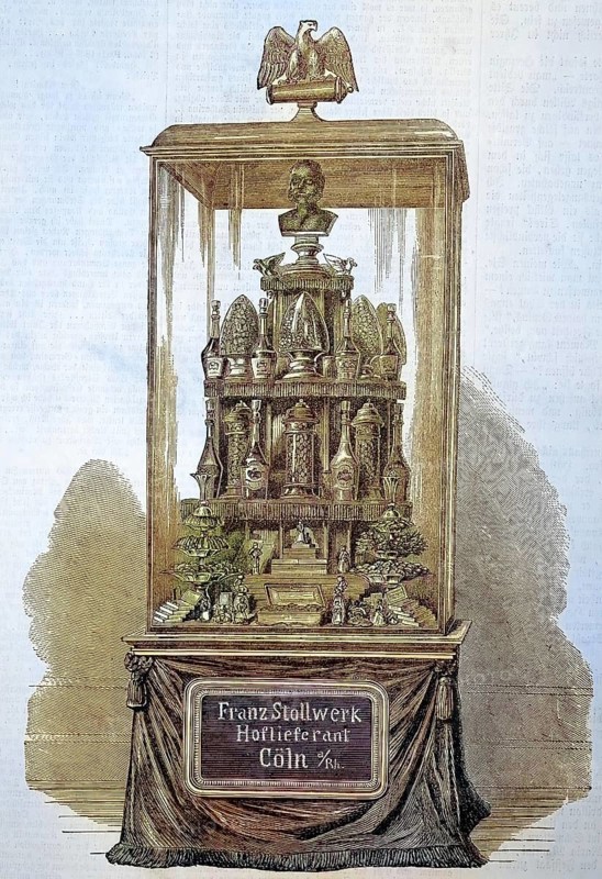 World Fair in Paris, France, an advertisement from the company Stollwerk, chocolate manufacturer from Cologne, Germany/world's fair, world exposition, or universal exposition at Paris, France, an advertising of the company Stollwerk, chocolate manufacturer from Cologne, Germany, historical, digitally restored reproduction of an original original from the 19th century, exact original date not known, subsequently colored