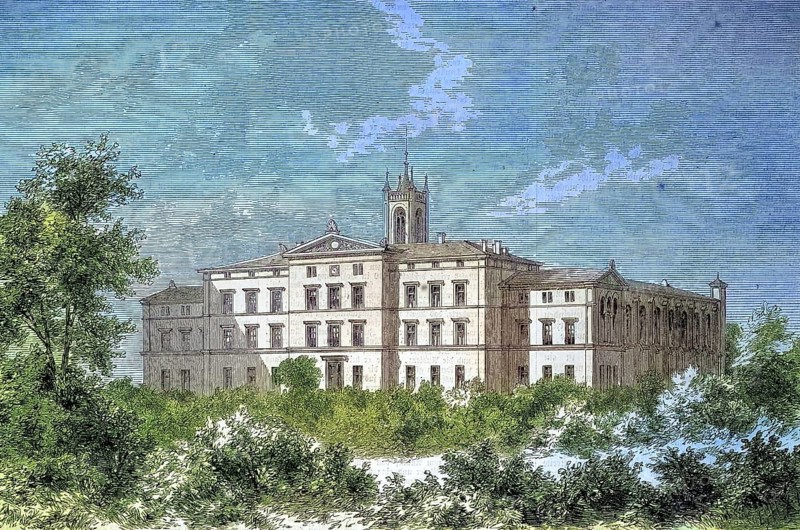 The Friedrichs-Orphanage, Orphanage, Rummelsburg in Berlin, Germany/The Friedrichs-Orphanage home, orphanage, Germany, historical, digitally restored reproduction of an original model from the 19th century, exact original date not known, subsequently colored