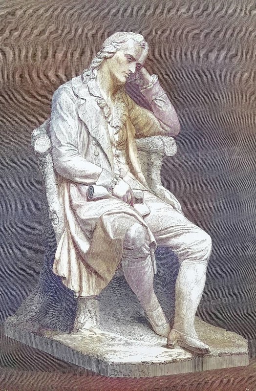Marble statue of Johann Christoph Friedrich von Schiller, 1759 - 1805, German poet, philosopher, doctor, historian and playwright/Marble statue of Johann Christoph Friedrich von Schiller, German poet, philosopher, physician, historian, and playwright, historical, digitally restored reproduction of an original model from the 19th century, exact original date unknown, subsequently colored