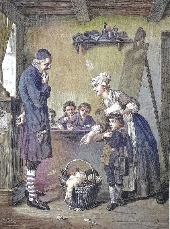 At school, in the classroom, with teachers and students, a mother brought a gift, a basket with a slaughtered duck and beer bottles/In school, classroom, teacher and student, a mother has brought a present, a basket with a slaughtered duck and beer bottles, historical, digitally restored reproduction of an original original from the 19th century, exact original date not known, subsequently colored