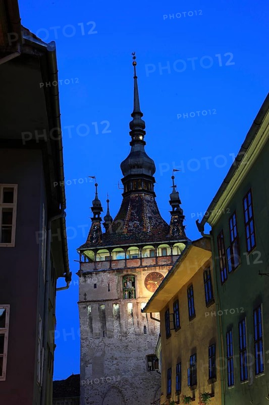 Romania, hour tower in the historic old town of Sighisoara, German Sighisoara, town in Mures district in Transylvania, UNESCO World Heritage Site
