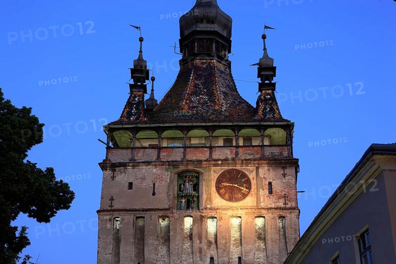 Romania, hour tower in the historic old town of Sighisoara, German Sighisoara, town in Mures district in Transylvania, UNESCO World Heritage Site