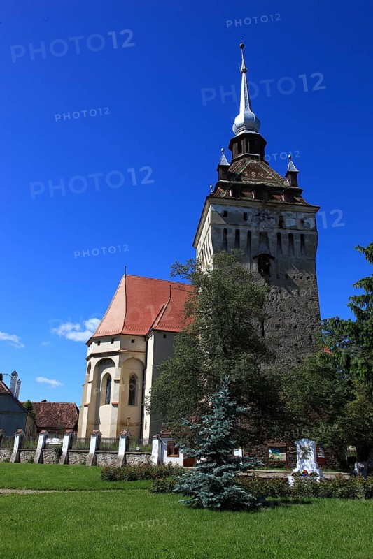 Romania, the church tower and church of Saschiz, German Keisd, a community in Mures County, Transylvania, Unesco