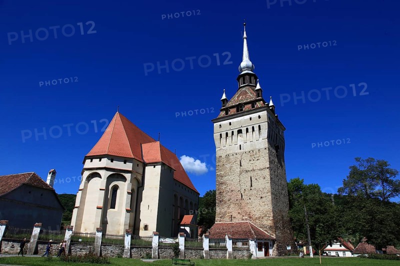 Romania, the church tower and church of Saschiz, German Keisd, a community in Mures County, Transylvania, Unesco