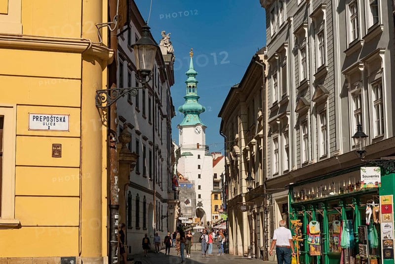 Bratislava, Slovakia. October 2nd 2023 Pedestrian only streets of the Old Town of Bratislava with Michaels Gate, a preserved medieval fortification, Slovakia