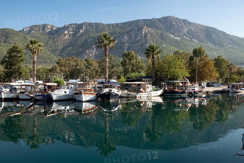Akyaka, Mugla, Turkey. September 8th 2022 Boats moored in the beautiful harbour of Turkish Riviera seaside town of Akyaka on the south west coast of Turkey