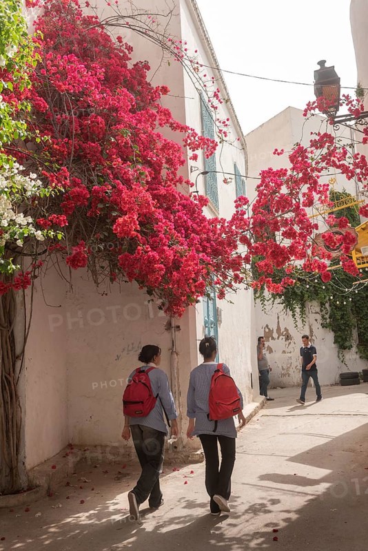 Tunisian school children walk along the narrow streets of Tunis Medina, the historical Kasbah is a World Heritage Site and popular tourist destination in Tunisia
