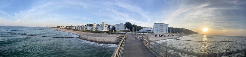 Sunset, pier, Heiligendamm is the oldest seaside resort in Germany and continental Europe, founded in 1793 by Frederick Francis I, Duke of Mecklenburg-Schwerin, hotels, spa architecture, panorama, Baltic Sea coast, Mecklenburg-Western Pomerania, Germany