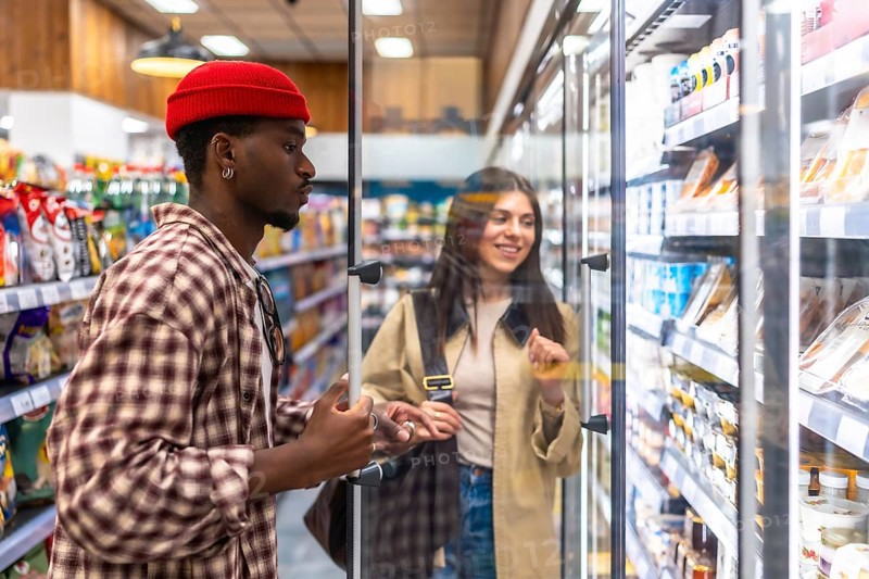 Young diverse couple browsing refrigerated aisle in a supermarket, smiling and selecting fresh products together during a weekly grocery shopping trip, choosing healthy options