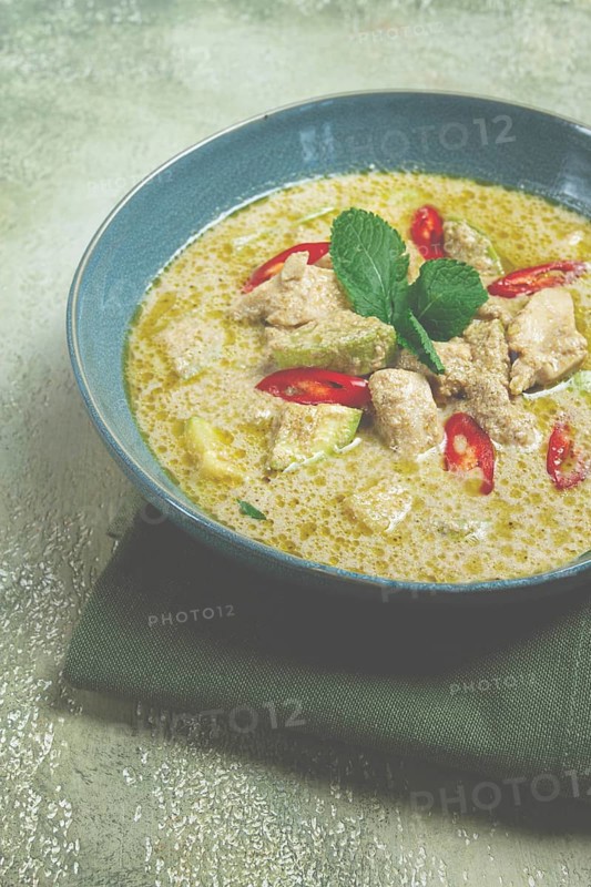 Green curry with chicken, traditional Thai cuisine, Asian food, homemade, no people