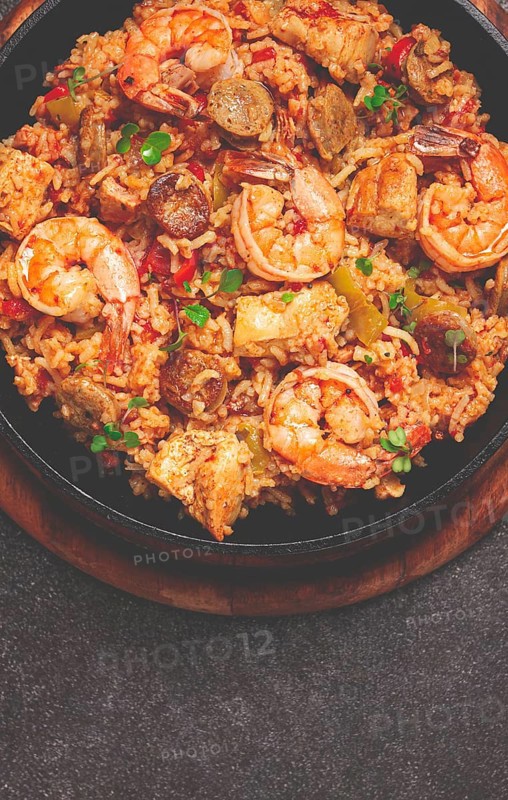 Jambalaya, Creole dish, American pilaf, rice with chicken and shrimp, vegetables, homemade, no people