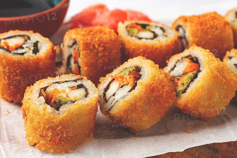 California tempura roll, deep-fried, hot rolls, surimi crab roll and avocado, cream cheese