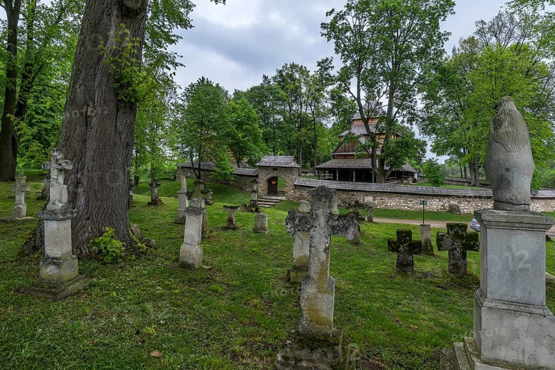 Cemetery with 16th century Gothic wooden church of St. Paraskevi, Radruz, Poland