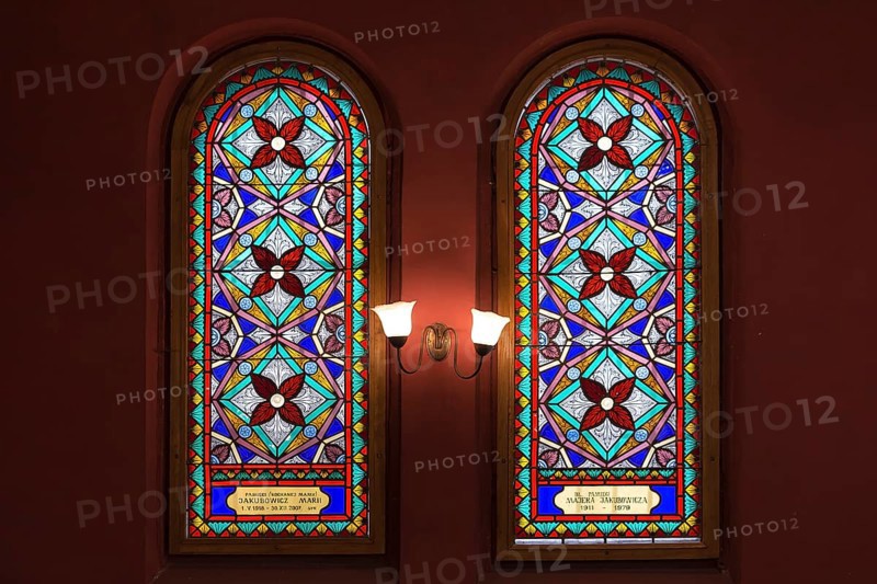 Colored stained glass windows in the Isaac Temple Synagogue in Kazimierz district, Krakow, Poland